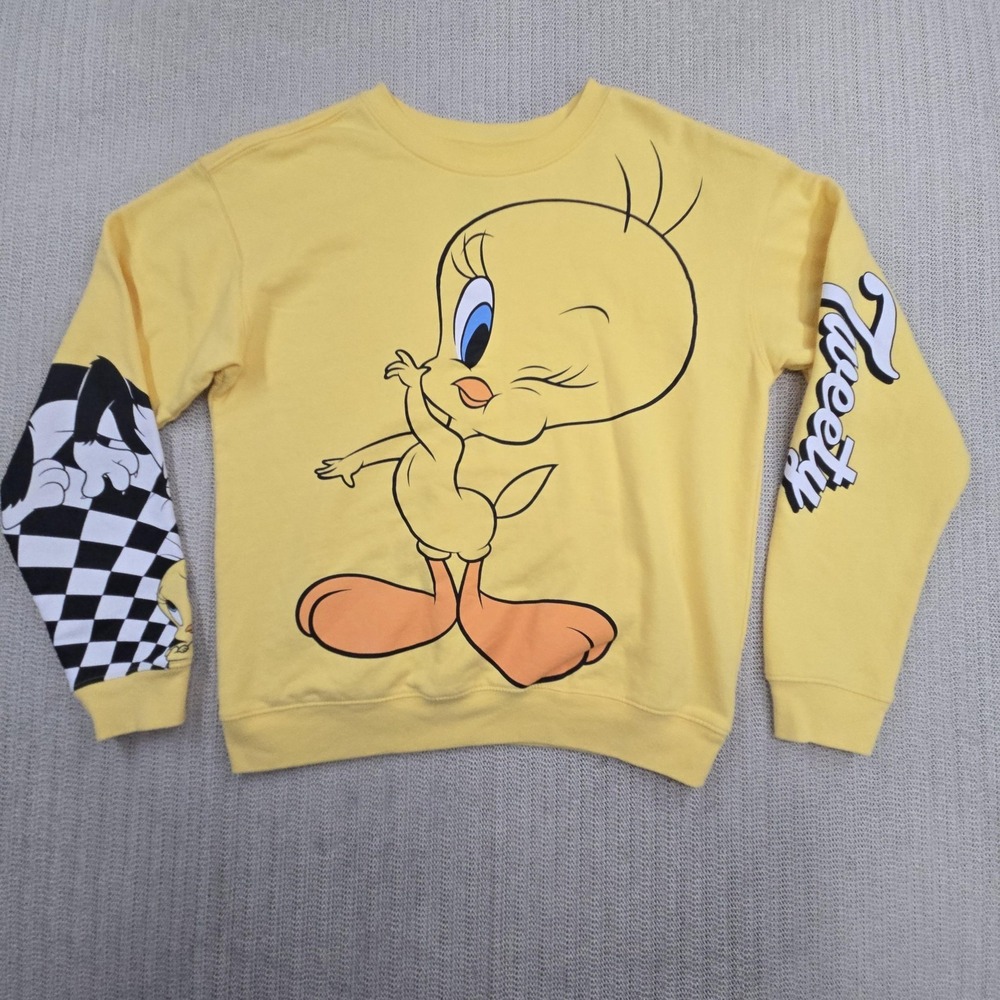 Looney Tunes Sweatshirt Womens Small Yellow Tweety Sylvester Graphic Fleece
